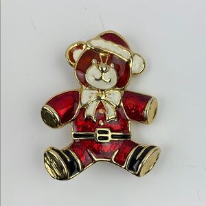 Vintage Christmas Teddy Bear Brooch Red Gold Enamel